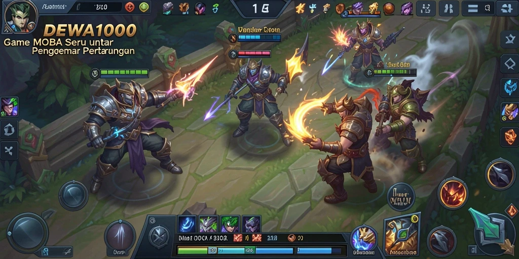 Screenshot gameplay DEWA1000, menampilkan aksi seru dalam pertempuran MOBA.