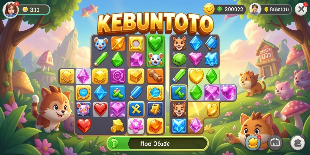 Tampilan gameplay Match-3 KEBUNTOTO yang penuh warna dan menyenangkan.