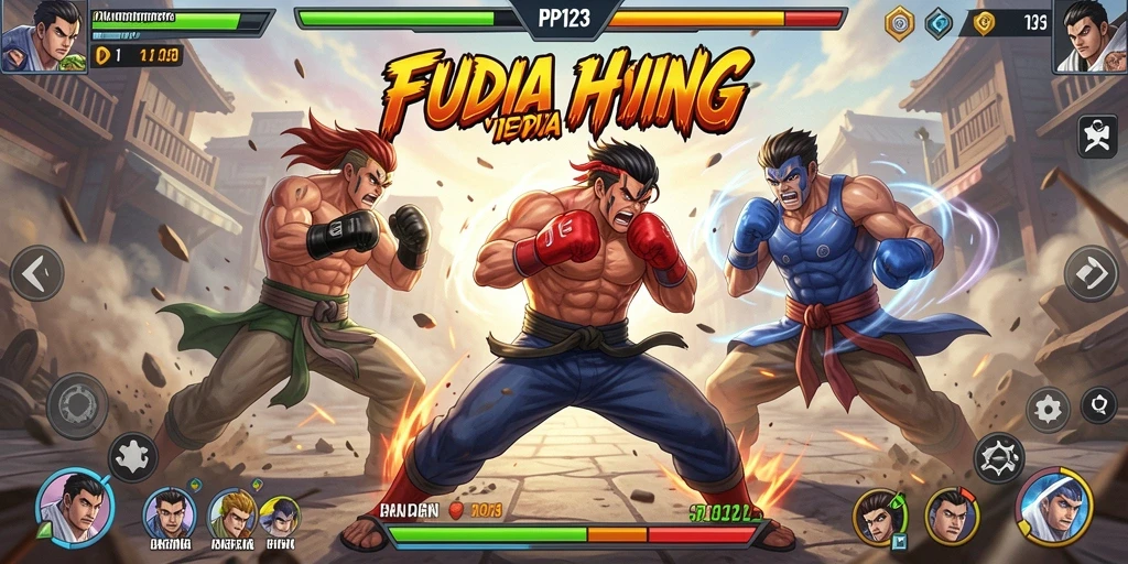 Tampilan gameplay PP123 dengan pertarungan yang dinamis dan karakter beragam.