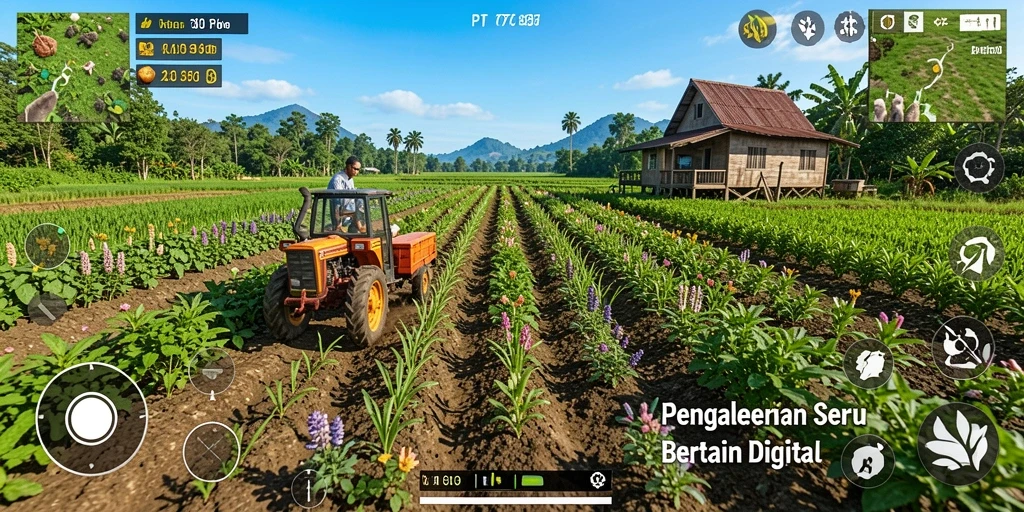 Screenshot gameplay PT707 menampilkan suasana pertanian yang indah dan interaksi dengan hewan.