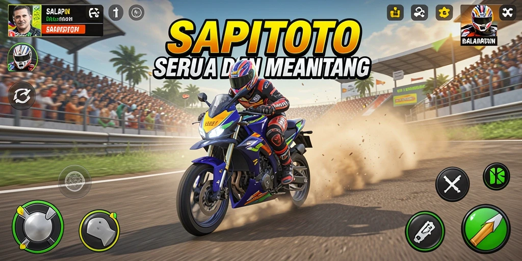 Screenshot gameplay SAPITOTO menunjukkan jalur balapan yang dinamis dan motor yang sedang melaju.