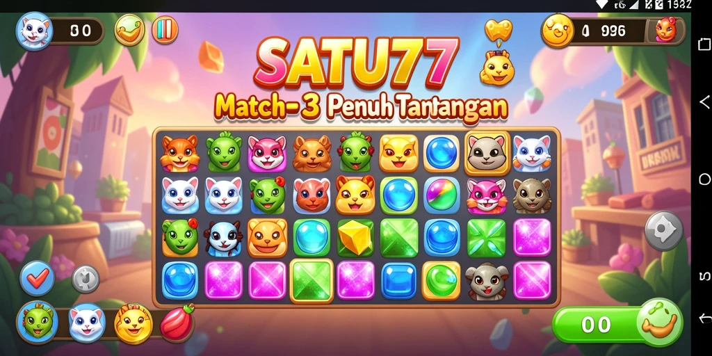 Screenshot SATU77 menampilkan aksi seru dalam mencocokkan permata di papan.