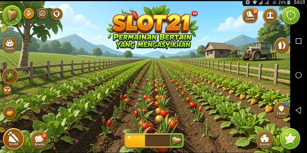 Tampilan gameplay SLOT21 yang menunjukkan kegiatan bertani dengan hewan dan tanaman.