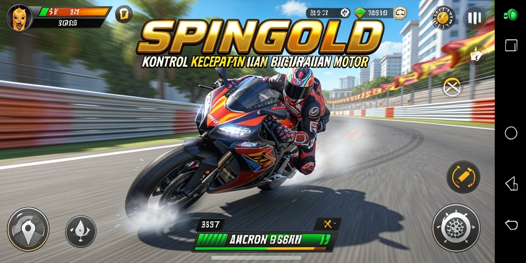 Screenshot SPINGOLD menampilkan aksi balapan motor yang mendebarkan.